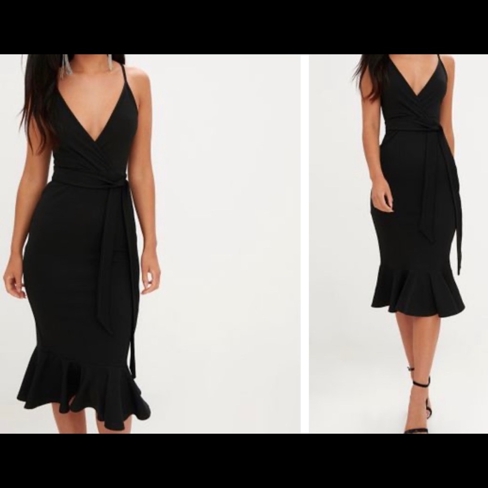 New!! Black Strappy Tie Waist Fishtail Midi Dress